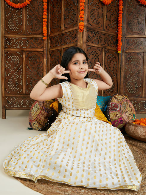 Girl's' Cream And Gold Jacquard Lehenga